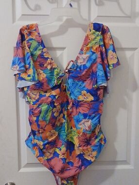 SHEIN Tropical Floral Ruffle One-Piece Swimsuit - Blue, Orange, Yellow